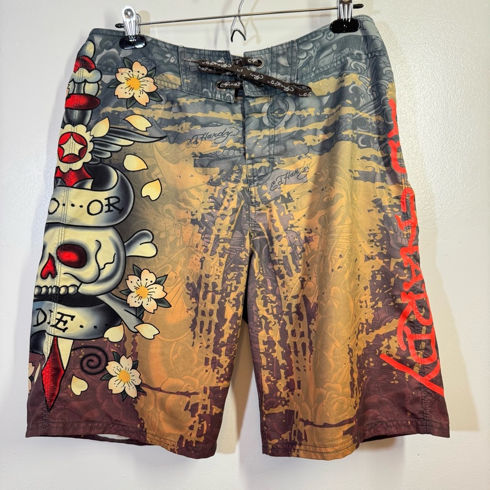 Ed Hardy Board Shorts 33 Orange Red Tattoo Do Or Die Roses & Skull Print Trunks